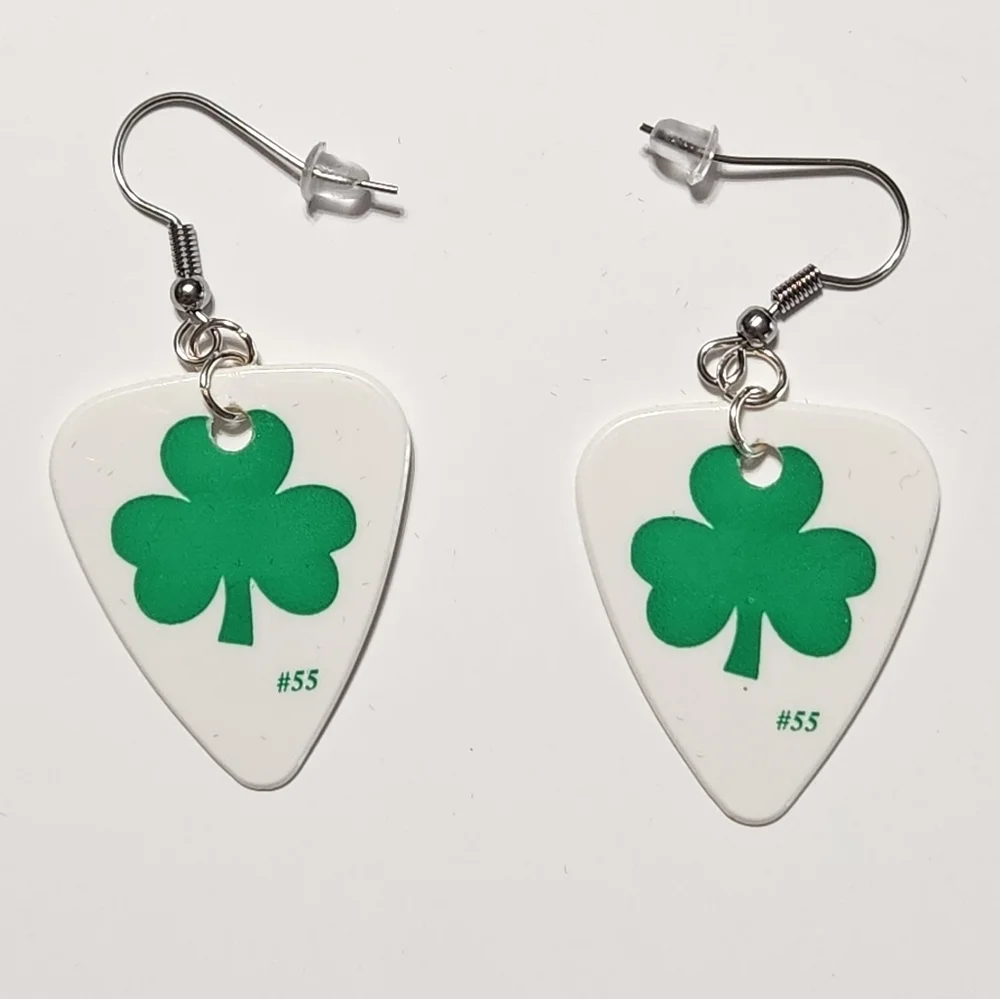 St Patricks Green Shamrock Guitar Pick Earrings Surgical Stainless Steel